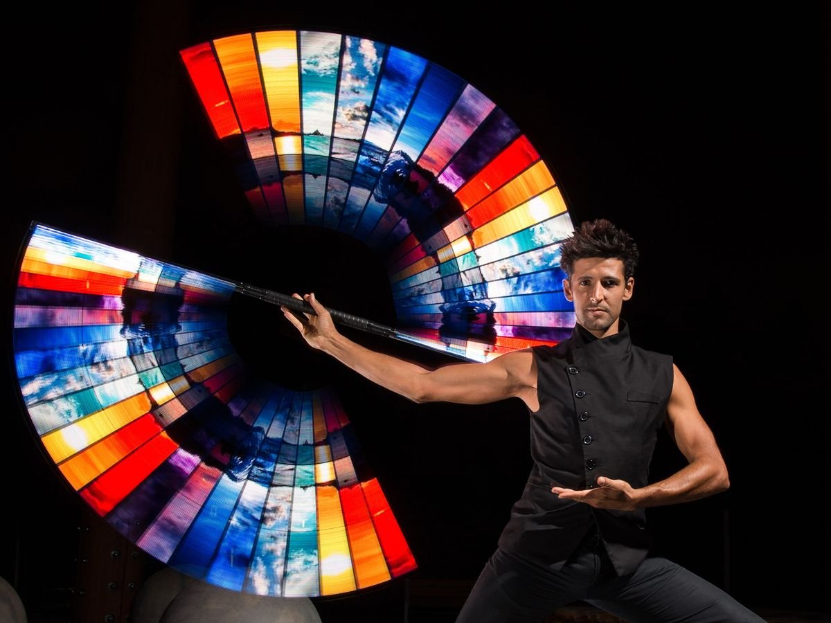 Srikanta Barefoot performing with two LED fans